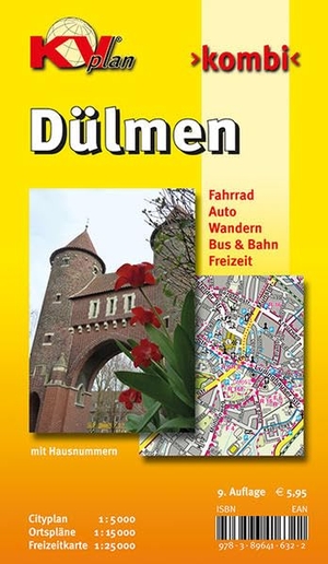 Dülmen, KVplan, Radkarte/Wanderkarte/Stadtplan, 1:25.000 / 1:15.000 / 1:5.000 - Stadtplan mit Freizeitkarte 1 : 25.000 incl. Radrouten und Wanderwegen, Cityplan 1 : 5.000. KommunalVerlag Tacken e.K, 2016.