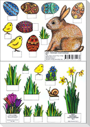 Ostern - Bastelbogen, Ausschneidebogen: Osterhase, Ostereier, Küken und Blumen zum Basteln.