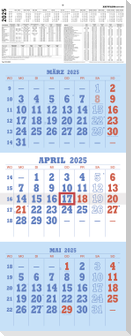3-Monatskalender blau/rot 2025 - 29,7x78 - mit Kopftafel - gefaltet -  Datumsschieber - 952-0000
