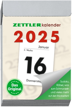Zettler Kalender (Hrsg.). Tagesabreißkalender S 2025 - 4,1x5,9 cm - 1 Tag auf 1 Seite - mit Sudokus, Rezepten, Rätseln uvm. auf den Rückseiten - Bürokalender 301-0000. Neumann Verlage GmbH & Co, 2024.
