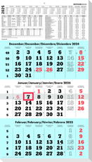 3-Monatskalender blau 2025 - 33x45 - mit Kopftafel - Datumsschieber - 958-0015