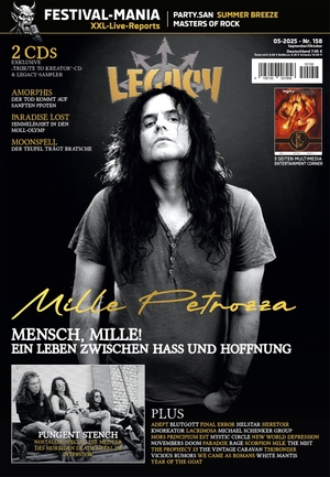Legacy Magazin / Patric Knittel et al (Hrsg.). LEGACY MAGAZIN: THE VOICE FROM THE DARKSIDE. Ausgabe #158 (5/2025) - mit MILLE PETROZZA inkl. 2CDs "Tribute to Kreator" & Legacy-Sampler, sowie Amorphis, Paradise Lost, Moonspell, Adept, Lacrimosa und Knorkator. in Farbe und Bunt, 2025.