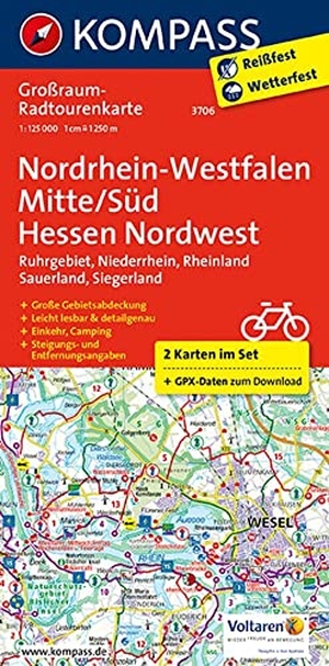 KOMPASS-Karten GmbH (Hrsg.). KOMPASS Großraum-Radtourenkarte 3706 Nordrhein-Westfalen Mitte/Süd, Hessen Nordwest 1:125.000 - 2 Karten im Set, reiß- und wetterfest, GPX-Daten zum Download. Kompass Karten GmbH, 2019.