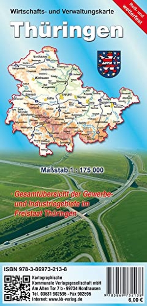 Kartographische Kommunale Verlagsgesellschaft mbH (Hrsg.). Wirtschafts- und Verwaltungskarte Thüringen - Reiß- und Wetterfest. Kartographische Komm. Ver, 2023.