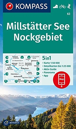 KOMPASS Wanderkarte 63 Millstätter See, Nockgebiet 1:50.000 - 5in1 Wanderkarte, mit Panorama, Aktiv Guide und Detailkarten inklusive Karte zur offline Verwendung in der KOMPASS-App. Fahrradfahren. Skitouren.. Kompass Karten GmbH, 2023.