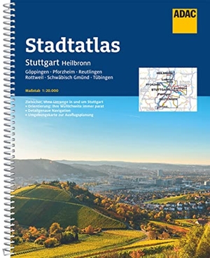 ADAC Stadtatlas Stuttgart, Heilbronn 1:20.000 - mit Göppingen, Pforzheim, Reutlingen, Rottweil, Schwäbisch Gmünd, Tübingen. ADAC, 2022.