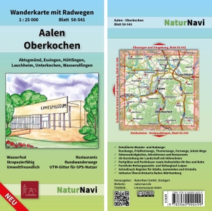 Aalen - Oberkochen - Wanderkarte mit Radwegen, Blatt 58-541, 1 : 25 000, Abtsgmünd, Essingen, Hüttlingen, Lauchheim, Unterkochen, Wasseralfingen. Natur Navi GmbH, 2022.