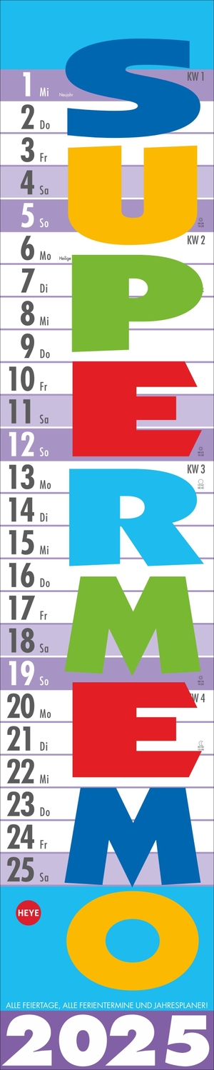 Supermemo Kalender 2025 - Streifenkalender fürs Büro. Langer Wandkalender mit einer Spalte zum Eintragen. Büro-Kalender 2025. Kalender vertikal zum Aufhängen. 17 x 85 cm. Heye, 2024.