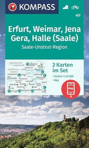 KOMPASS Wanderkarten-Set 457 Erfurt, Weimar, Jena, Gera, Halle (Saale) (2 Karten) 1:50.000 - inklusive Karte zur offline Verwendung in der KOMPASS-App. Fahrradfahren.. Kompass Karten GmbH, 2023.