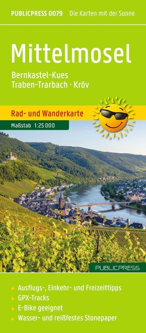 Publicpress Rad- und Wanderkarte Mittelmosel, Bernkastel-Kues, Traben-Trarbach, Kröv 1:25.000 - Rad- und Wanderkarte mit Ausflugszielen, Einkehr- & Freizeittipps und Stadtplänen, wetterfest, reissfest, abwischbar, GPS-genau. 1:25000. Kompass Karten GmbH, 2026.