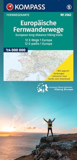 KOMPASS Fernwegekarte Europäische Fernwanderwege, 12 E-Wege - 1 Kontinent 1:4 Mio. - Mit allen Jugendherbergen entlang der E-Wege. Offizielle Karte der Europäischen Wandervereinigung.. Kompass Karten GmbH, 2026.