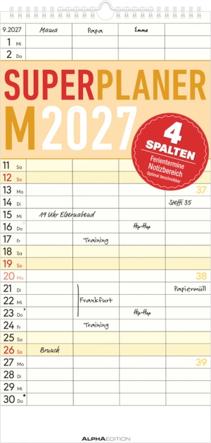 Neumann Verlage GmbH & Co KG (Hrsg.). Superplaner M - 4 Spalten 2027 - Familienkalender 22x45 cm mit 4 Spalten, Schulferien, Feiertagen & Notizfeld, ideal für Familienorganisation. Neumann Verlage GmbH & Co, 2026.