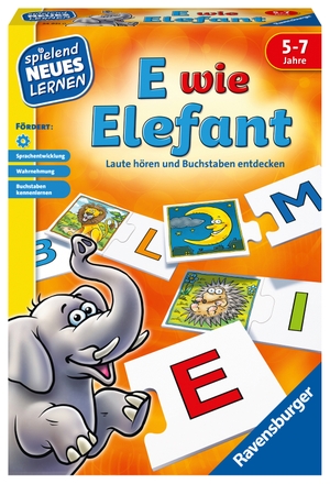 E wie Elefant - Laute hören und Buchstaben entdecken / 31 Buchstaben / 57 Bilderkarten / 1 Anlauttabelle / 1 Spielanleitung. Ravensburger Spieleverlag, 2018.