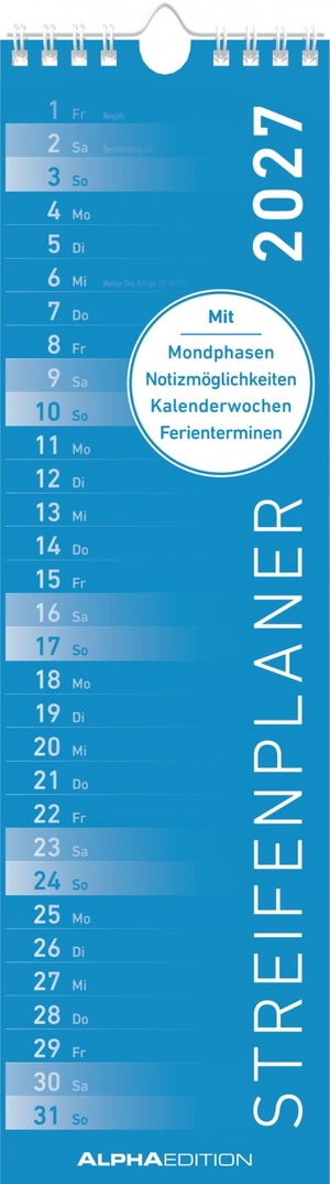 Neumann Verlage GmbH & Co KG (Hrsg.). Streifenplaner Mini BLAU 2027 - schmaler Wandkalender 9,5x33 cm mit farblich markierten Wochenenden, Feiertagen & Mondphasen, ideal für Haushalt, Familie & Büro. Neumann Verlage GmbH & Co, 2026.