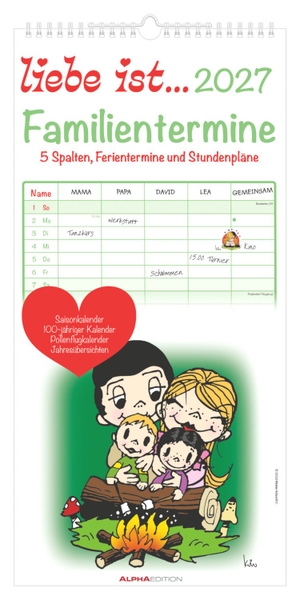 Neumann Verlage GmbH & Co KG (Hrsg.). Liebe ist... Familientermine 2027 - Familienkalender 22x45 cm mit 5 Spalten, liebevollen Illustrationen & Schulferien (DE/CH/AT) - ideal für Paare, Eltern & Kinder. Neumann Verlage GmbH & Co, 2026.