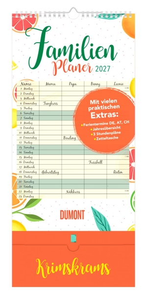 Neumann Verlage GmbH & Co KG (Hrsg.). Familienplaner Krimskrams mit Tasche - 4 Spalten 2027 - Familienkalender 22x49 cm mit 4 Spalten, Zetteltasche, Schulferien, Stundenplänen & Jahresübersicht, ideal für Familienorganisation. DuMont Kalenderverlag, 2026.