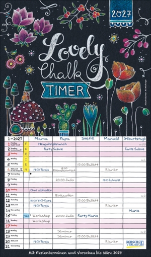 Korsch, Verlag (Hrsg.). Lovely Chalk Timer 2027 - Familienplaner mit 5 breiten Spalten. Typo-Art Familienkalender mit Ferienterminen, Zusatzspalte, Vorschau bis März 2027 und vielem mehr.. Korsch Verlag GmbH, 2026.