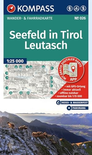 KOMPASS Wanderkarte 026 Seefeld in Tirol, Leutasch 1:25.000 - Wander- und Fahrradkarte in einem - inklusive Offline-Verwendung in der KOMPASS-App. Wander-& Radwege. Panorama. Skitouren.. Kompass Karten GmbH, 2026.