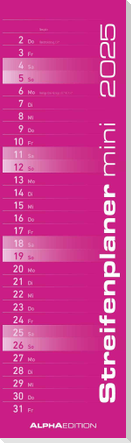 Streifenplaner Mini PINK 2025 - Streifenkalender - Wandplaner - Küchen-Kalender - 9,5x33