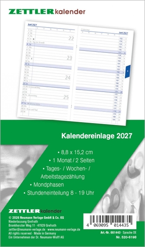 Neumann Verlage GmbH & Co KG (Hrsg.). Kalenderersatzeinlage TP 1M/2S 2027 - Ersatzkalendarium 9x15 cm für Taschenplaner Typ 520, 1 Monat auf 2 Seiten, 32 Seiten. Neumann Verlage GmbH & Co, 2026.