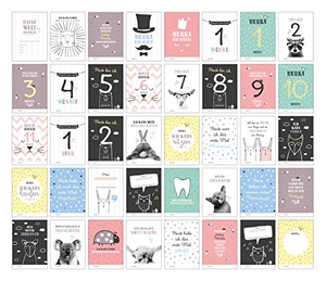 Heisenberg, Sophie. 40 Baby Meilenstein-Karten für das 1. Lebensjahr für Mädchen und Junge. Baby Milestone Cards deutsch, zur Erinnerung der Entwicklung der ersten Monate. Geschenk-Set inkl. Box zur Aufbewahrung. Geschenkidee zur Geburt, Schwangerschaft, Taufe oder Baby Show. NOVA MD, 2019.