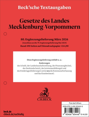 Gesetze des Landes Mecklenburg-Vorpommern 80. Ergänzungslieferung - Rechtsstand: GVOBl. Nr. 6 vom 2.3.2026, ABl. Nr. 9 vom 9.3.2026, Mitteilungsbl. Nr. 2 vom 27.2.2026. C.H. Beck, 2026.