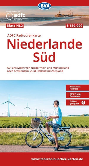 BVA ADFC Radtourenkarte Niederlande Süd, mit Knotenpunkten 1:150.000 - reiß- und wetterfest, E-Bike geeignet, GPS-Tracks Download, mit Bett+Bike Symbolen, mit Kilometer-Angaben, Auf ans Meer! Von Niederrhein und Münsterland nach Amsterdam, Zuid-Holland und Zeeland. Kompass Karten GmbH, 2026.