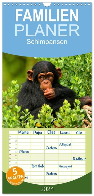 Stanzer, Elisabeth. Familienplaner 2024 - Schimpansen mit 5 Spalten (Wandkalender, 21 x 45 cm) CALVENDO - Des Menschen nächster Verwandter aus Mittelafrika. Calvendo, 2023.