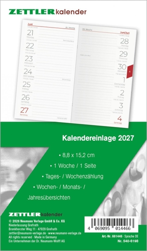 Neumann Verlage GmbH & Co KG (Hrsg.). Kalenderersatzeinlage TP 1W/1S 2027 - Ersatzkalendarium 9x15 cm für Taschenplaner Typ 540, 1 Woche auf 1 Seite, 64 Blatt. Neumann Verlage GmbH & Co, 2026.