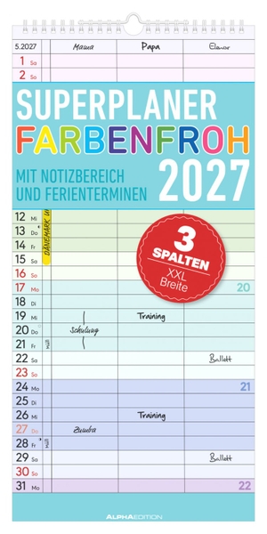 Neumann Verlage GmbH & Co KG (Hrsg.). Superplaner Farbenfroh - 3 Spalten 2027 - bunter Familienkalender 22x45 cm mit 3 Spalten, Schulferien, Feiertagen & Notizfeld, ideal für Familienorganisation. ALPHA EDITION GmbH, 2026.