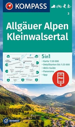 KOMPASS Wanderkarte 3 Allgäuer Alpen, Kleinwalsertal 1:50.000 - 4in1 Wanderkarte mit Aktiv Guide und 1:25000 Karten, inklusive Kartenbereich zur offline Verwendung in der KOMPASS-App. Fahrradfahren. Skitouren.. Kompass Karten GmbH, 2023.