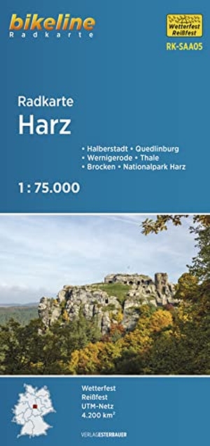 Esterbauer Verlag (Hrsg.). Radkarte Harz 1:75.000 (RK-SAA05) - Halberstadt, Quedlinburg, Wernigerode, Thale, Nationalpark Harz, Brocken, 1:75.000, wetterfest/reißfest, GPS-tauglich mit UTM-Netz. Esterbauer GmbH, 2022.