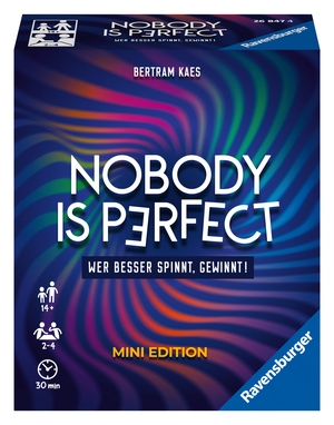 Kaes, Bertram. Ravensburger 26847 - Nobody is perfect Mini Edition - Kommunikatives Kartenspiel für die ganze Familie, Spiel für Erwachsene und Jugendliche ab 14 Jahren, für 2-4 Spieler - Wer besser spinnt, gewinnt!. Ravensburger Spieleverlag, 2020.
