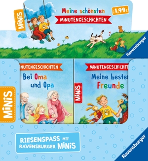 Verkaufs-Kassette "Ravensburger Minis 18 - Meine schönsten Minutengeschichten" - Minutengeschichten - Meine besten Freunde / Minutengeschichten - Bei uns im Kindergarten / Minutengeschichten - Bei Oma und Opa / Minutengeschichten - Pass auf im Straßenverkehr. Ravensburger Verlag, 2023.