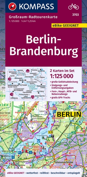 KOMPASS Großraum-Radtourenkarte 3703 Berlin-Brandenburg 1:125.000 - 2 Karten im Set, reiß- und wetterfest, GPX-Daten zum Download. Kompass Karten GmbH, 2022.