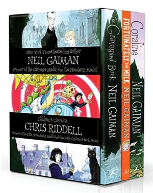 Gaiman, Neil. Neil Gaiman & Chris Riddell Box Set - The Graveyard Book / Coraline / Fortunately, the Milk. Bloomsbury UK, 2015.