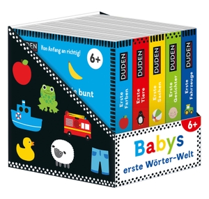 Duden 6+: Babys erste Wörter-Welt (Würfel) - 5 Mini-Bücher | Kontrastbücher für die visuelle Entwicklung von Kleinkindern ab 6 Monaten. FISCHER Sauerländer Duden, 2022.
