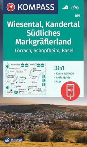 KOMPASS Wanderkarte 897 Wiesental, Kandertal, Südliches Markgräflerland, Lörrach, Schopfheim, Basel 1:25.000 - 3in1 Wanderkarte, mit Aktiv Guide inklusive Karte zur offline Verwendung in der KOMPASS-App. Fahrradfahren.. Kompass Karten GmbH, 2023.