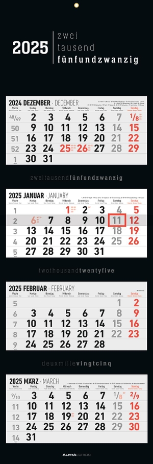 Alpha Edition (Hrsg.). 4-Monatskalender Black 2025 - Büro-Kalender 33x20 cm (geschlossen), 33x100 (geöffnet) - faltbar - mit Datumsschieber - Alpha Edition. Neumann Verlage GmbH & Co, 2024.