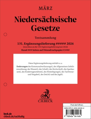 Niedersächsische Gesetze 131. Ergänzungslieferung - Rechtsstand: September 2026. C.H. Beck, 2026.