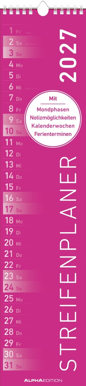 Neumann Verlage GmbH & Co KG (Hrsg.). Streifenplaner PINK 2027 - schmaler Wandkalender 11,3x49,5 cm mit farblich markierten Wochenenden, Feiertagen & Mondphasen, ideal für Haushalt, Familie & Büro. Neumann Verlage GmbH & Co, 2026.