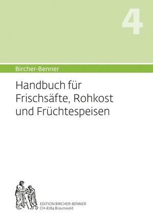 Bircher, Andres. (Hand)buch für Frischsäfte, Rohkost und Früchtespeisen - Über neueste  biophysikalisch-wissenschaftliche Erkenntnisse zur Lebensenergie, zur Nahrungsenergie und zur Wirkungsweise der lebendigen vegetabilen Frischkost. Umfassende Anleitung zur Anwendung und Zubereitung der vegetabilen Rohkostdiät nach Bircher-Benner. Speisepläne und Rezepte aus dem Medizinischen Zentrum Bircher-Benner CH-8784 Braunwald. Edition Bircher-Benner, 2014.